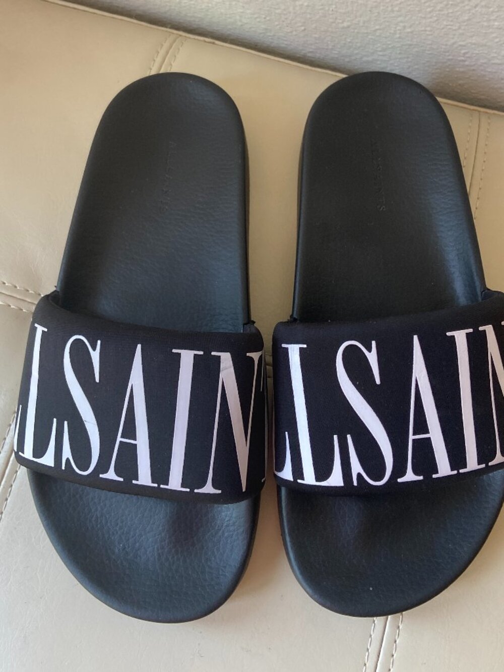 all saints black white pool slide sandals sz 36